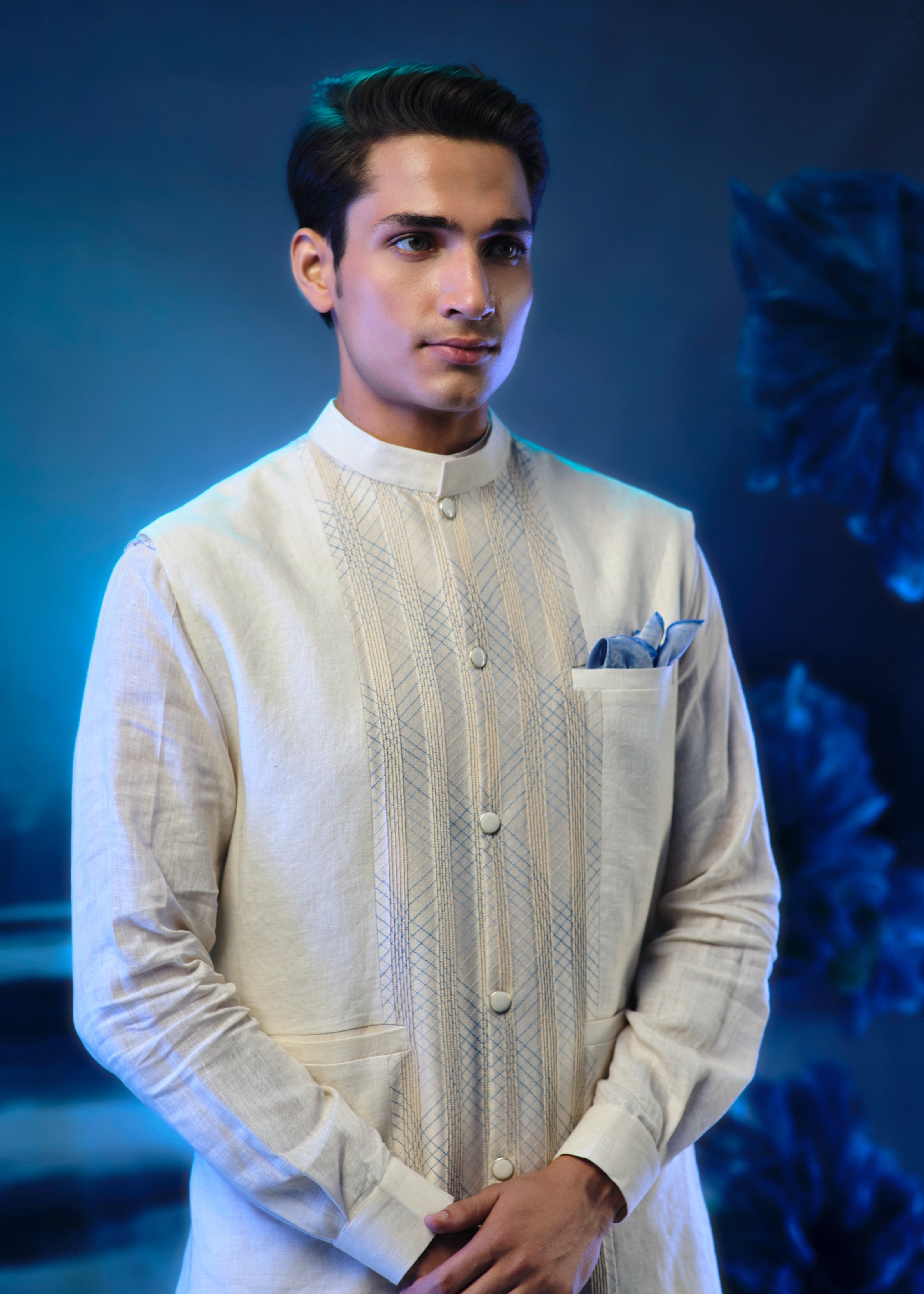 Ivory Pintuck Nehru Jacket with Short Length Kurta and Pant