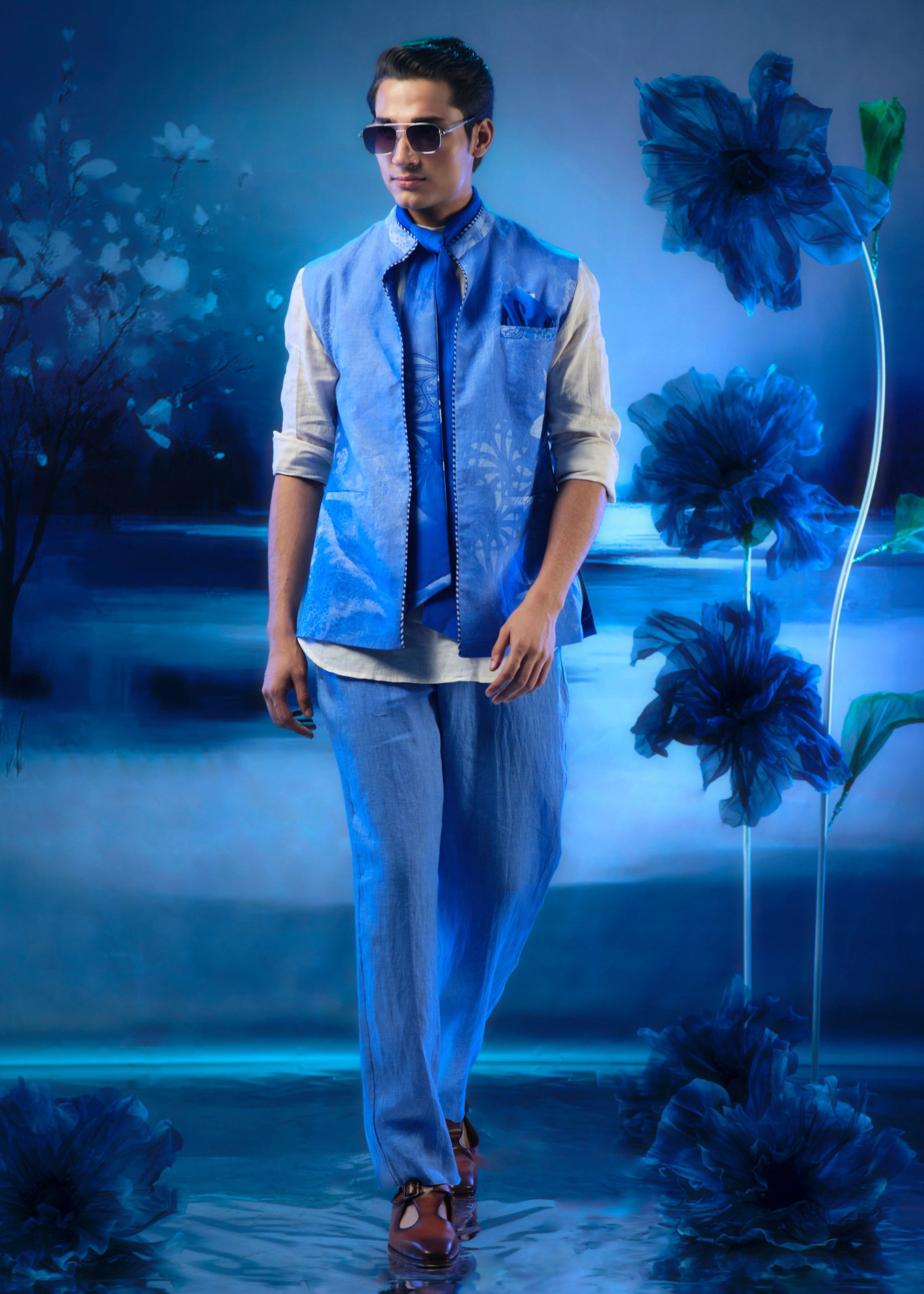 Sapphire Printed Statement Waistcoat with Short Linen Kurta & Pant