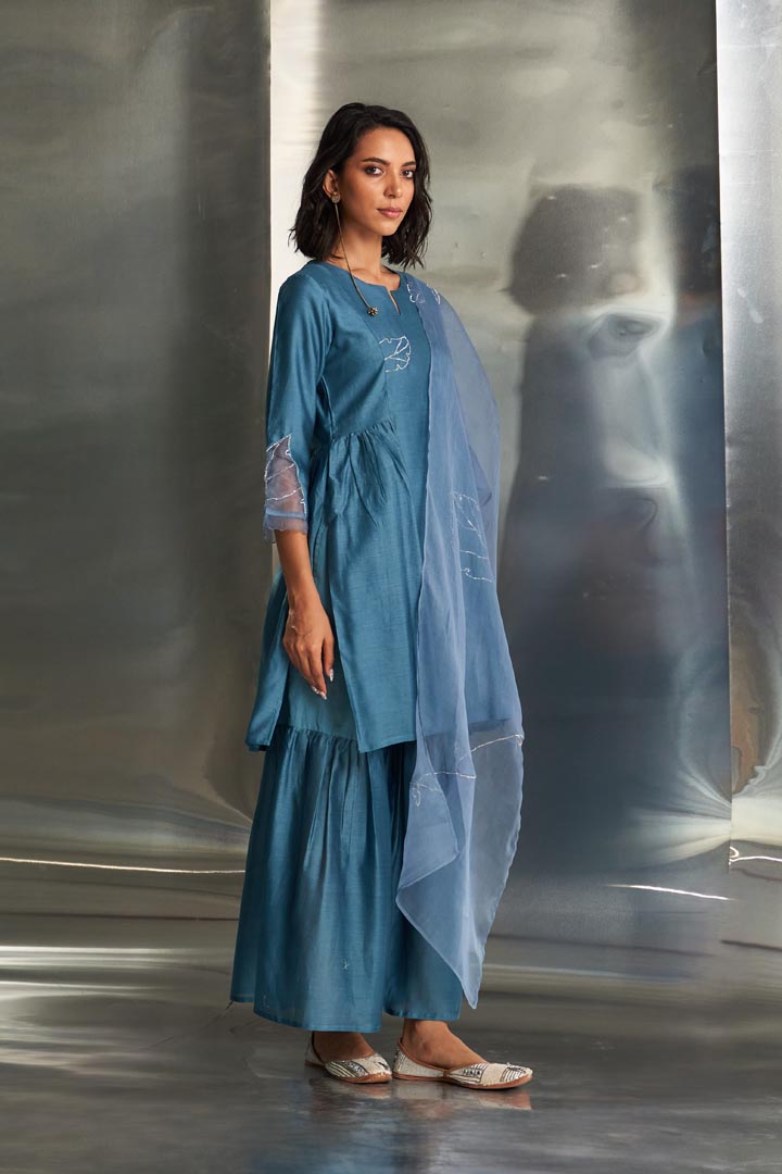 Image of Steel Blue chanderi straight kurta sharara set