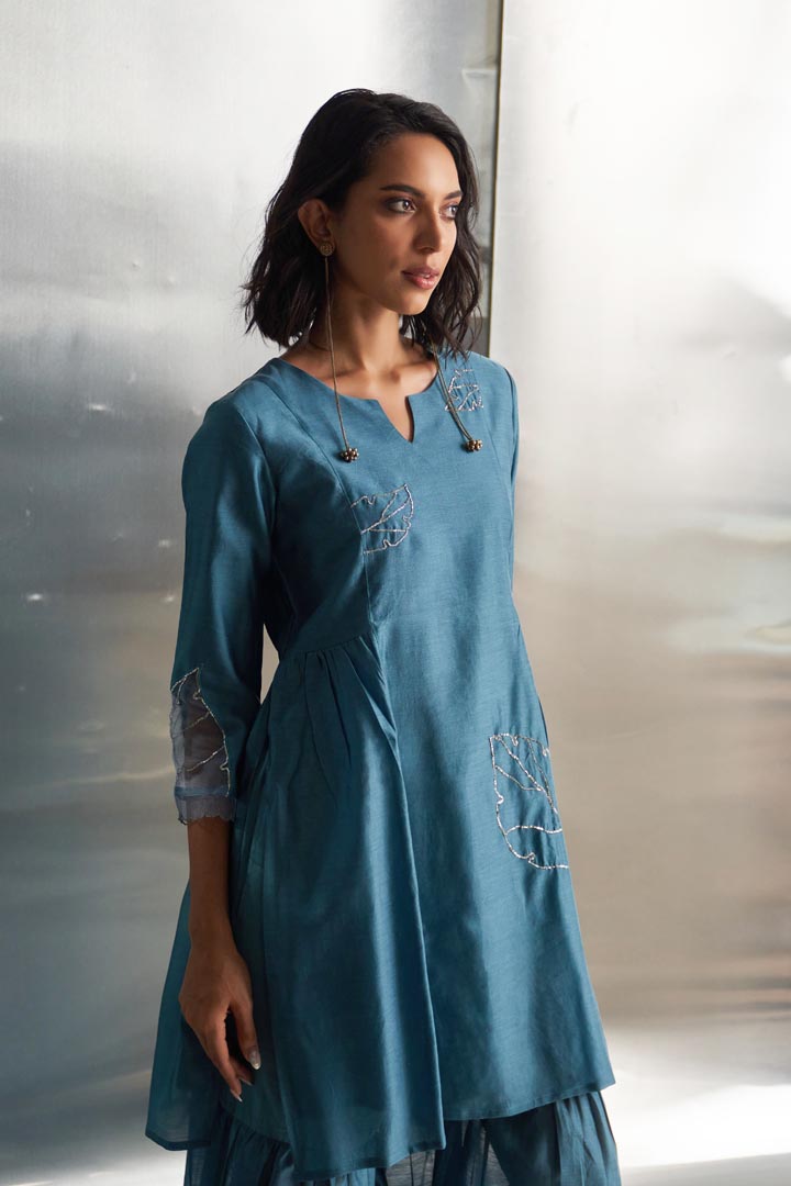 Image of Steel Blue chanderi straight kurta sharara set