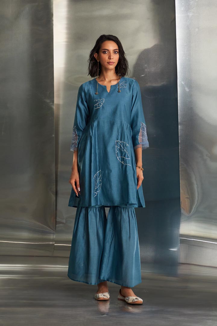 Image of Steel Blue chanderi straight kurta sharara set