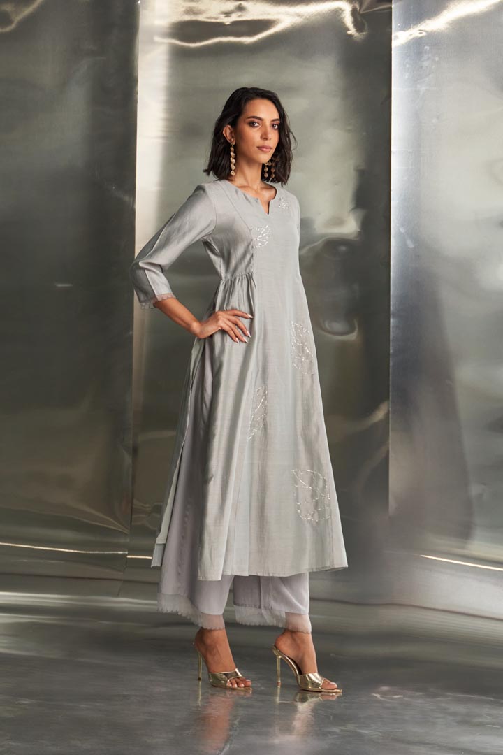 Image of Steel Grey Side Gathered Kurta Set