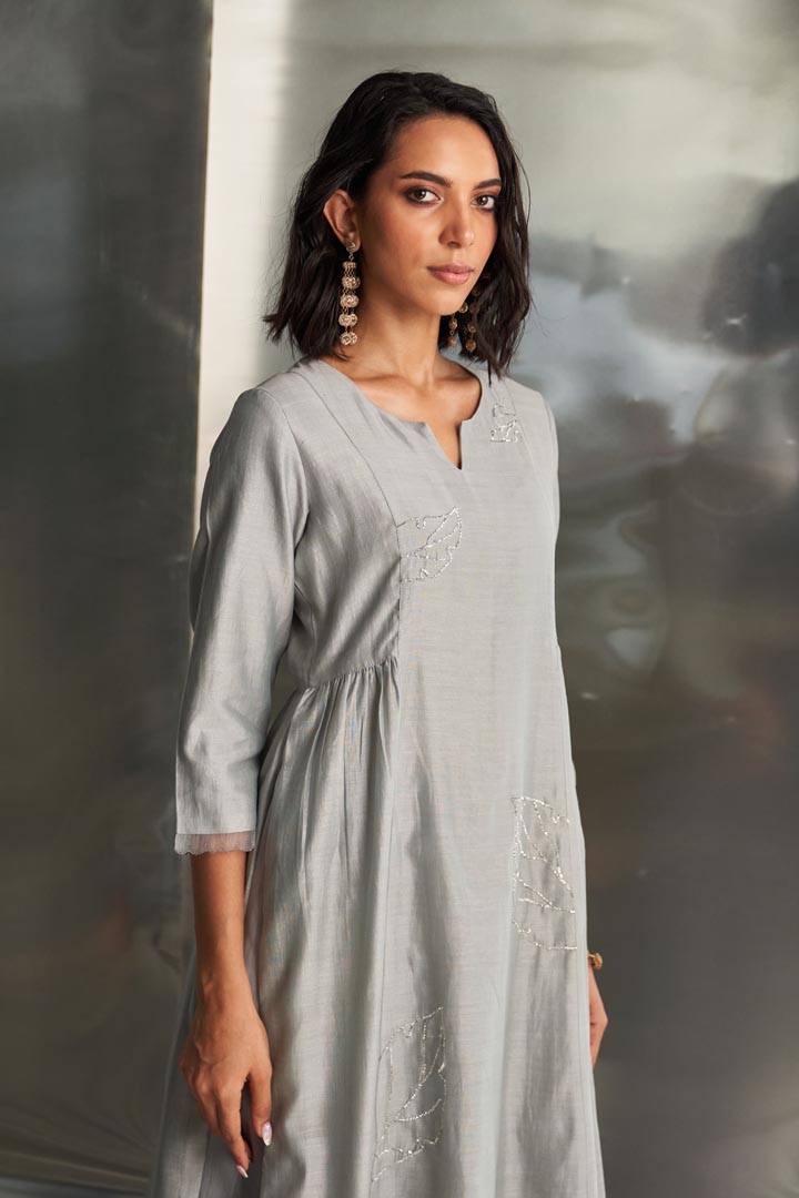 Image of Steel Grey Side Gathered Kurta Set