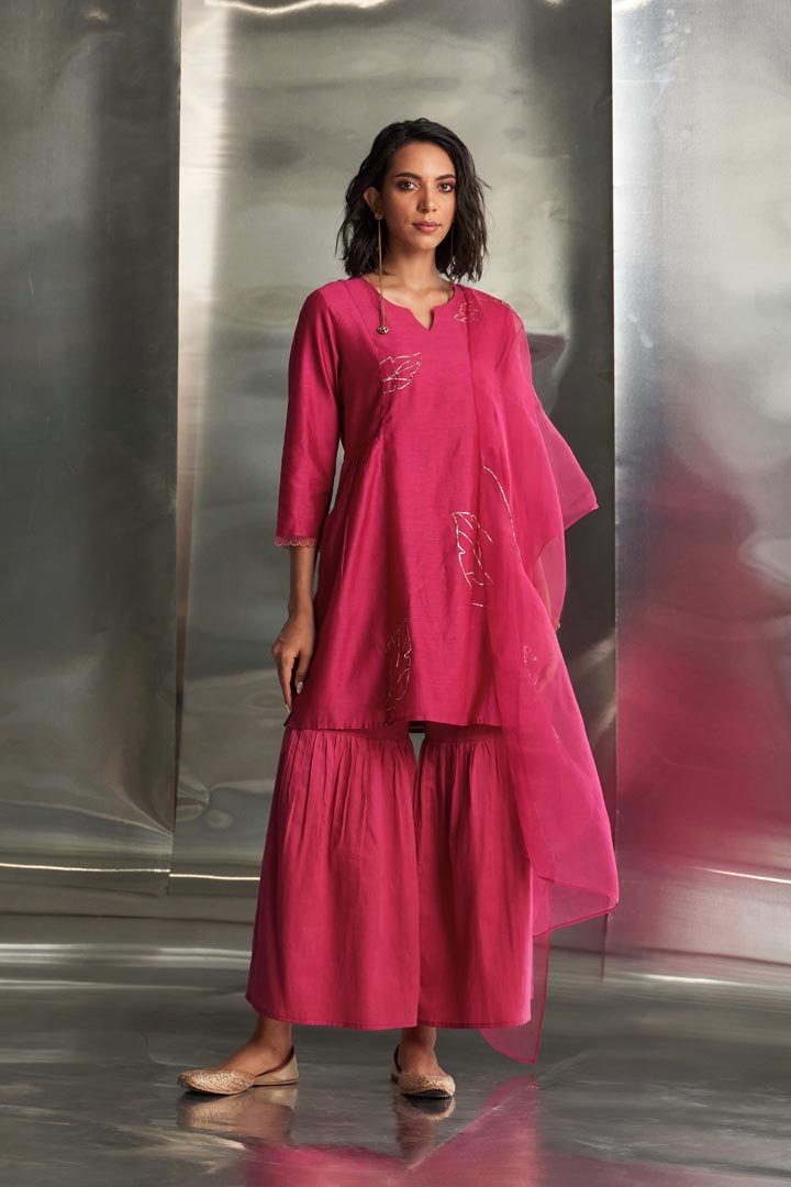 Image of Pop Pink chanderi straight kurta sharara set