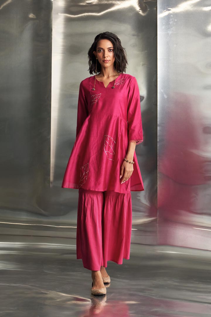 Image of Pop Pink chanderi straight kurta sharara set