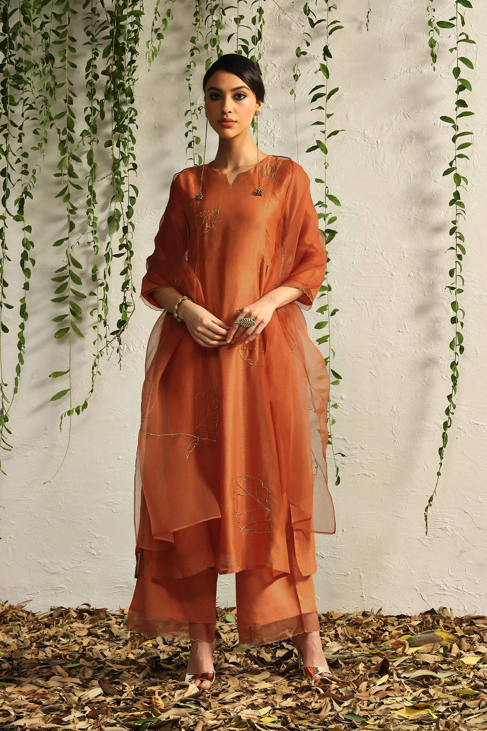 Spice Orange Side Gathered Kurta Set- Set Of 3