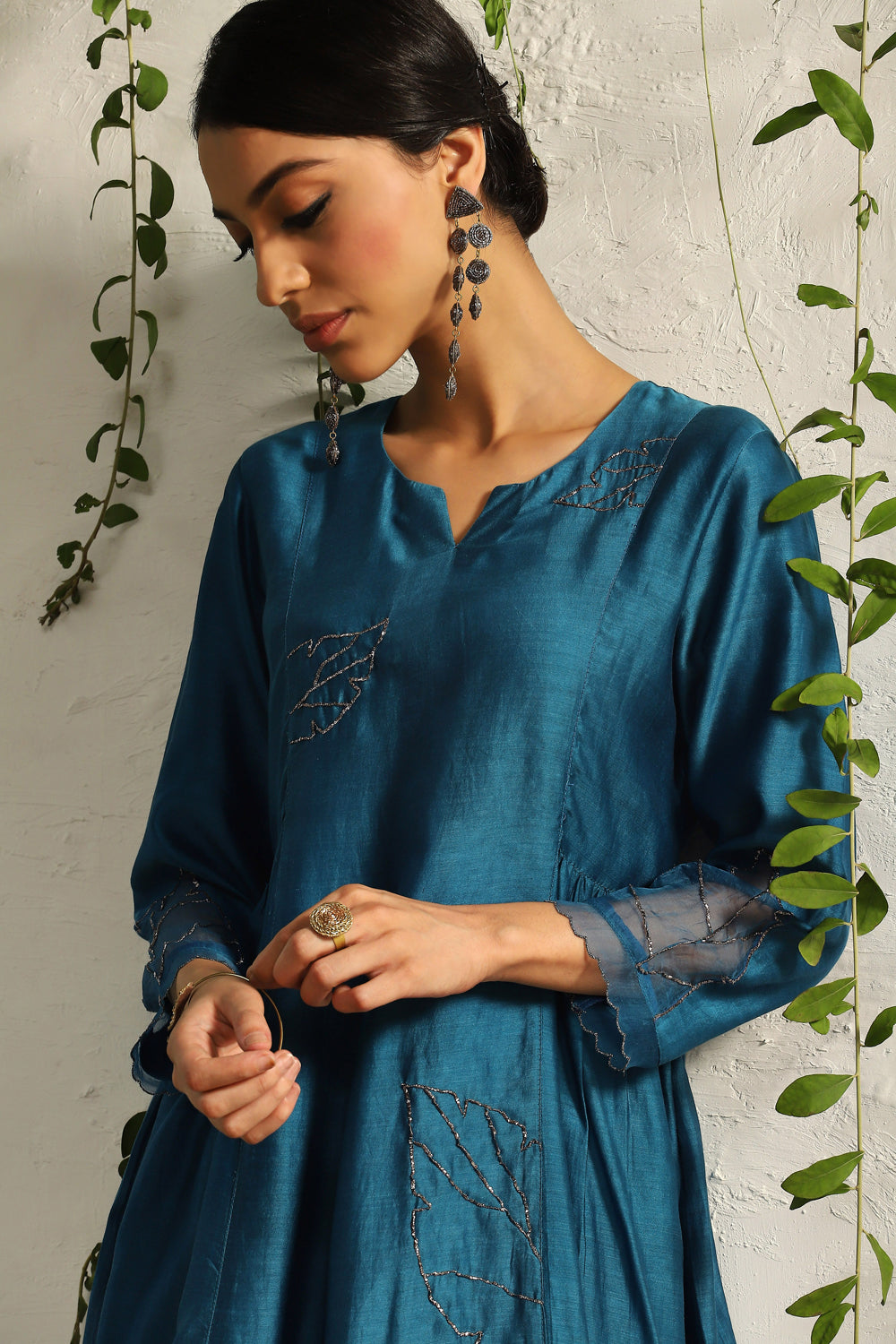 True Blue Side Gathered Kurta Set- Set Of 3