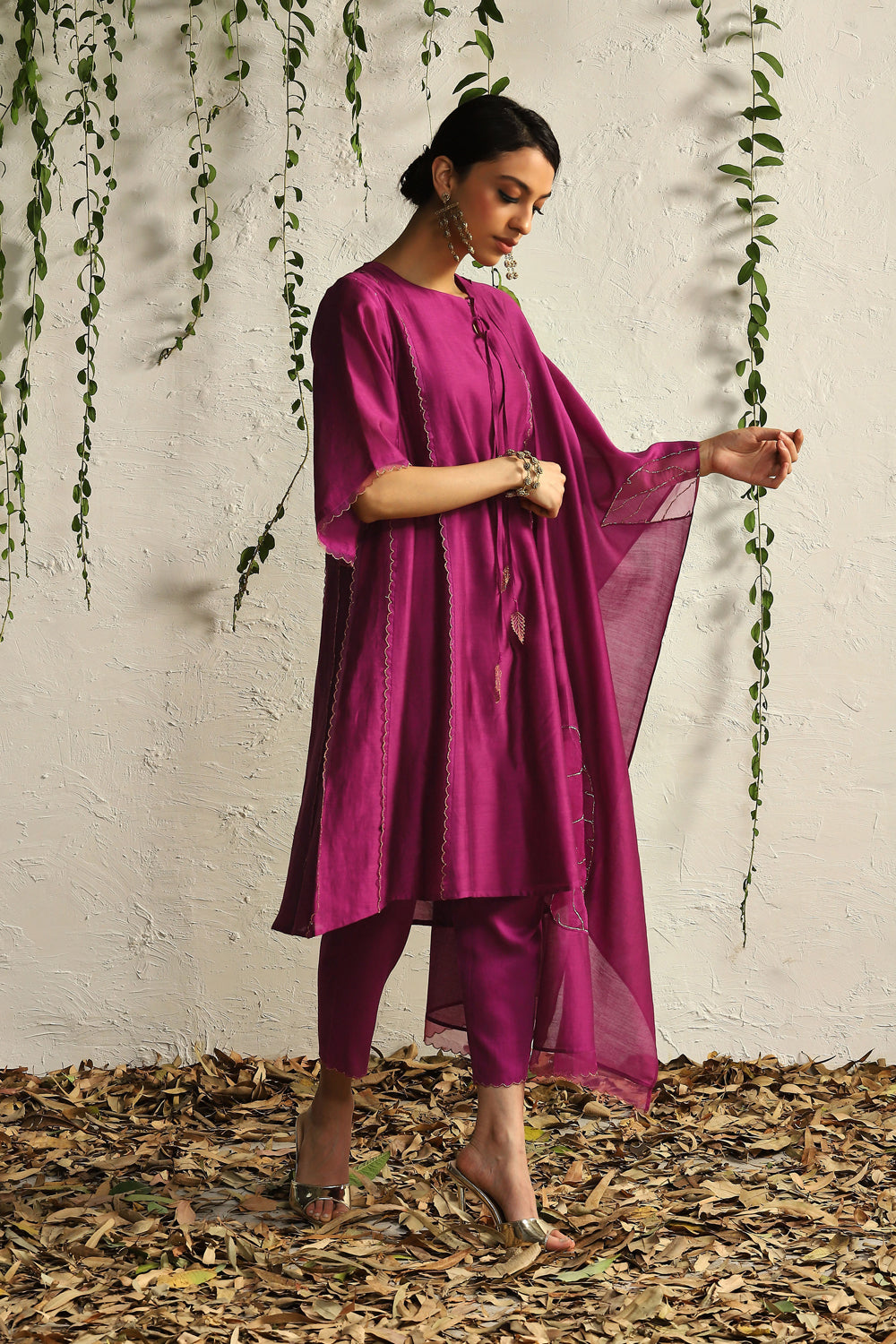 Pop Pink Chanderi Tie-Up Kurta Set- Set Of 3