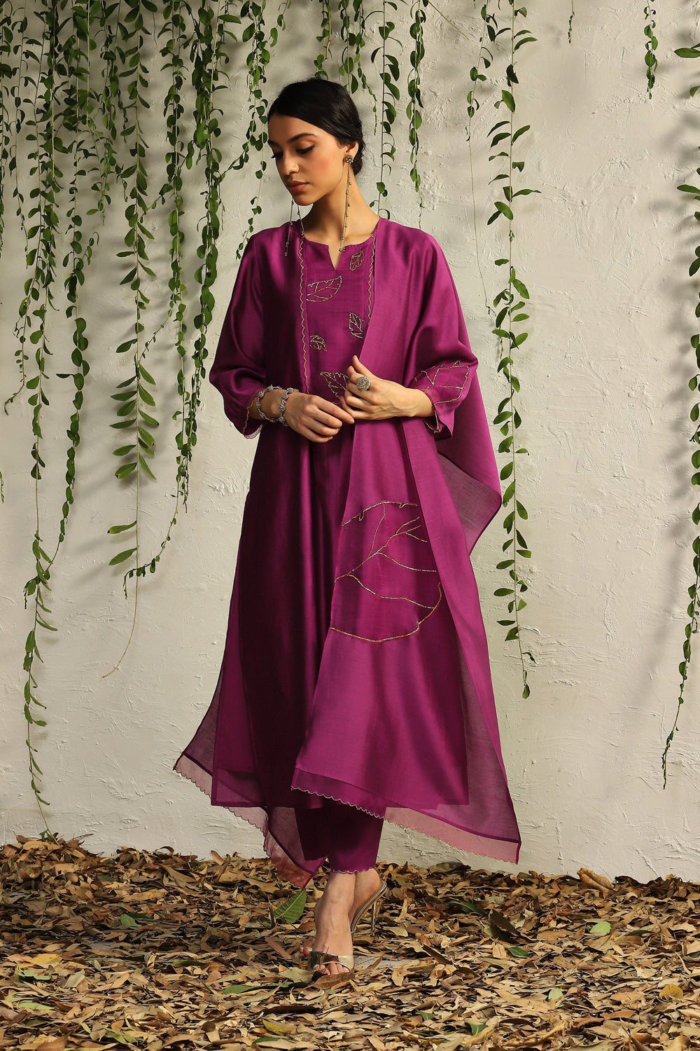 Pop Pink Chanderi Flowy Kurta Set- Set Of 3