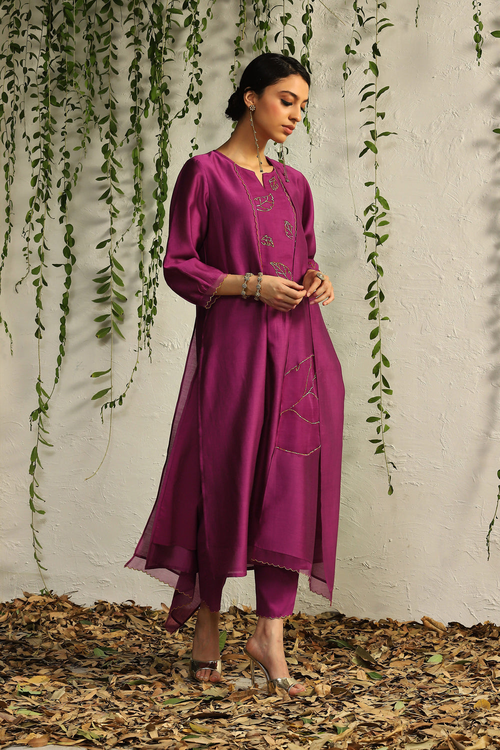 Pop Pink Chanderi Flowy Kurta Set- Set Of 3