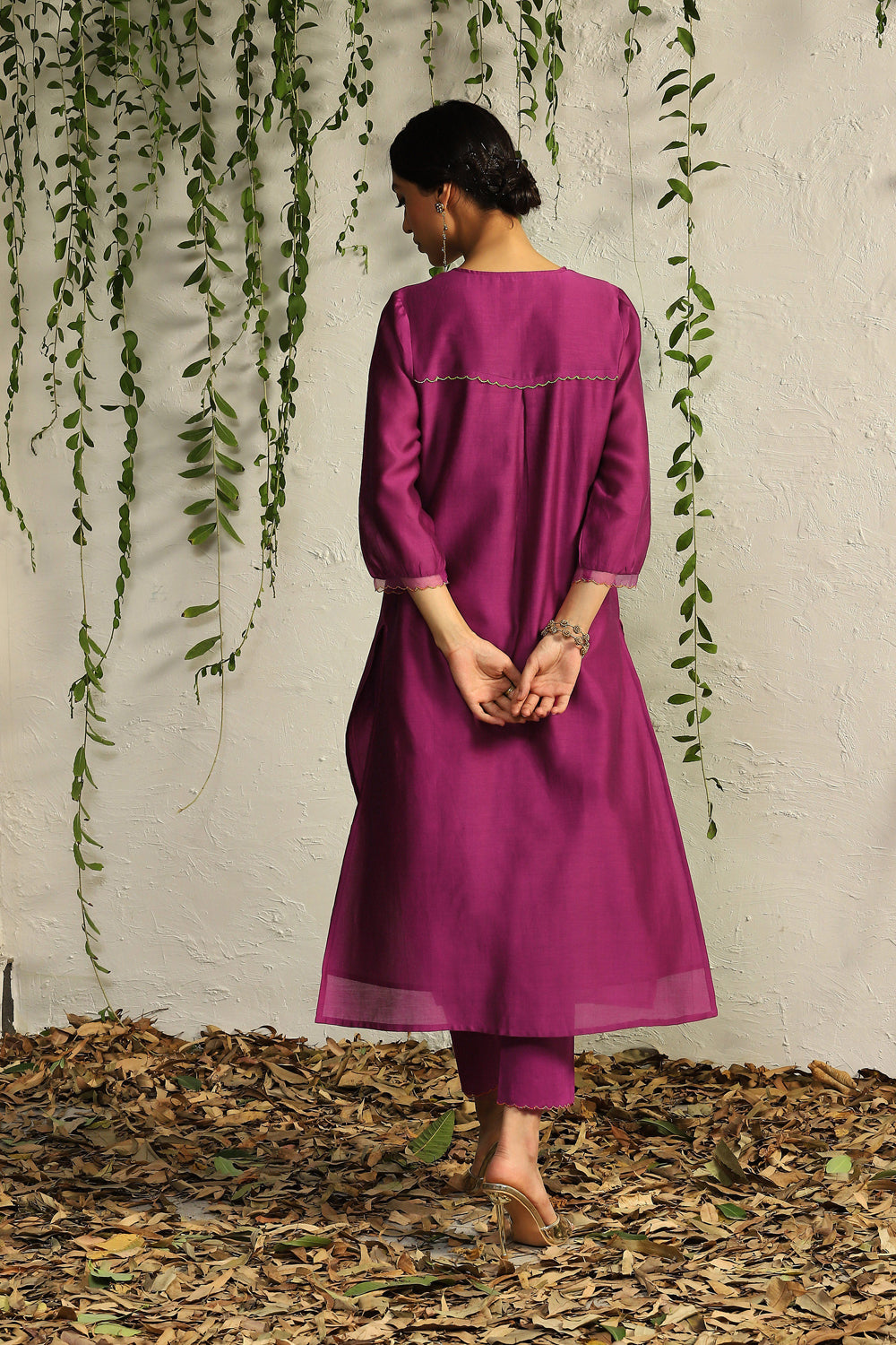 Pop Pink Chanderi Flowy Kurta Set- Set Of 3