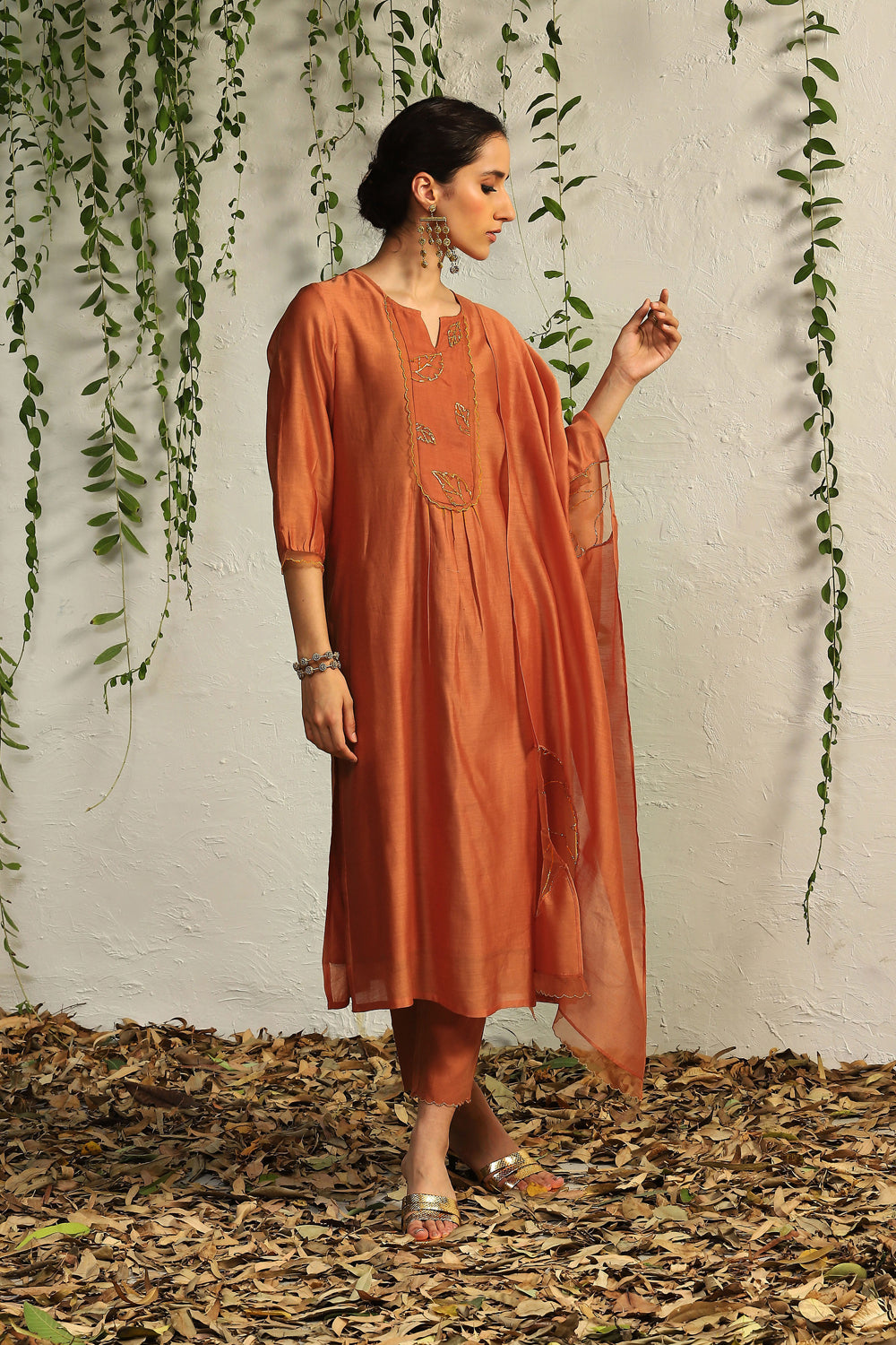 Spice Orange Chanderi Flowy Kurta Set- Set Of 3