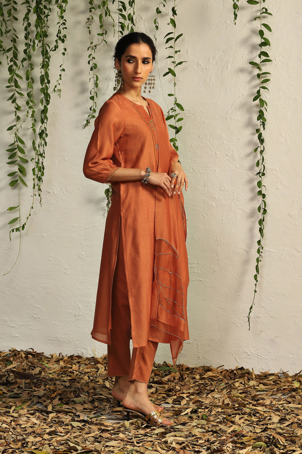 Spice Orange Chanderi Flowy Kurta Set- Set Of 3