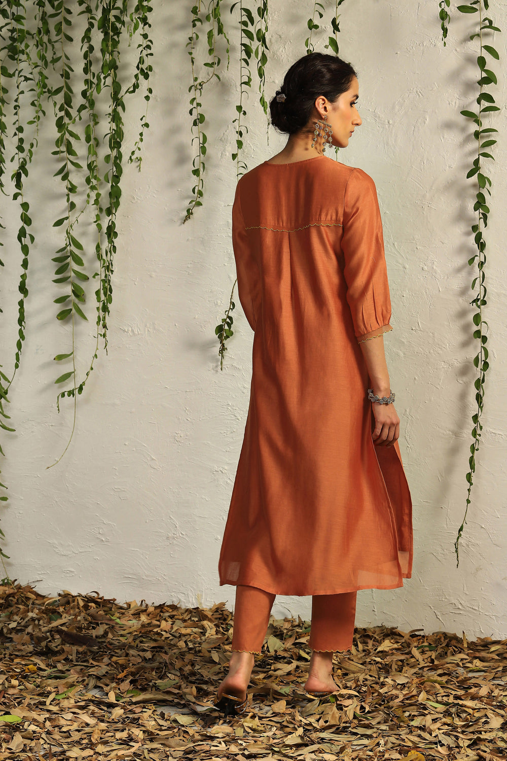 Spice Orange Chanderi Flowy Kurta Set- Set Of 3