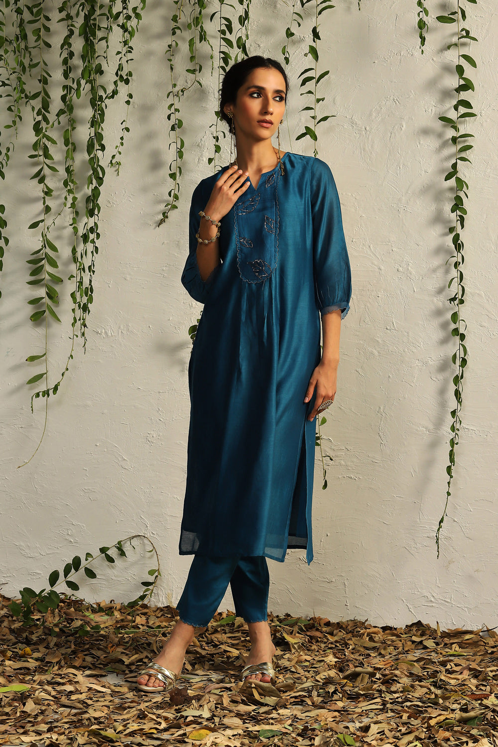 True Blue Chanderi Flowy Kurta Set- Set Of 3