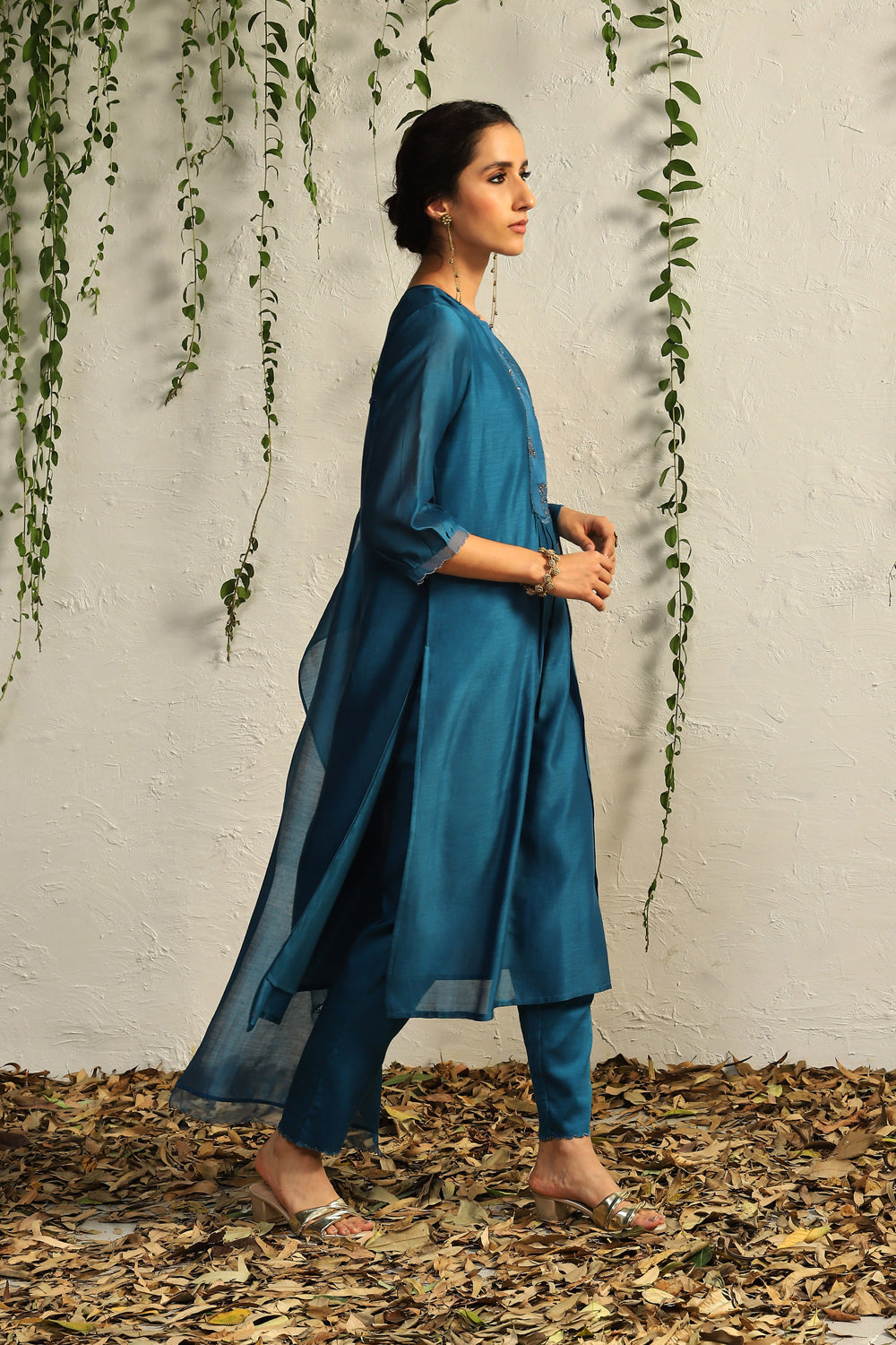 True Blue Chanderi Flowy Kurta Set- Set Of 3