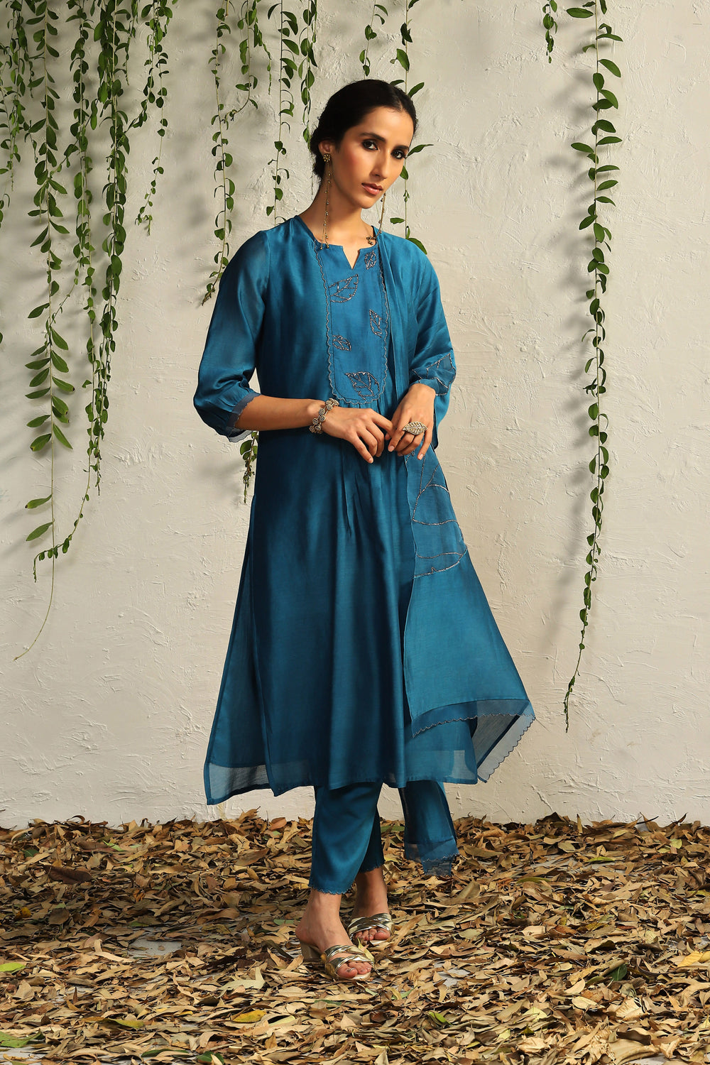 True Blue Chanderi Flowy Kurta Set- Set Of 3