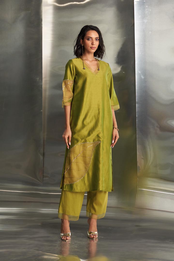 Image of Berry Green chanderi straight kurta set