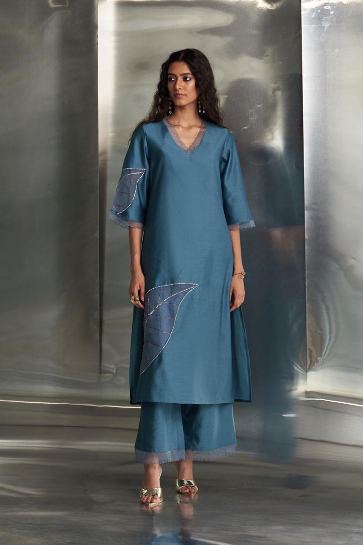 Image of Steel Blue chanderi straight kurta set