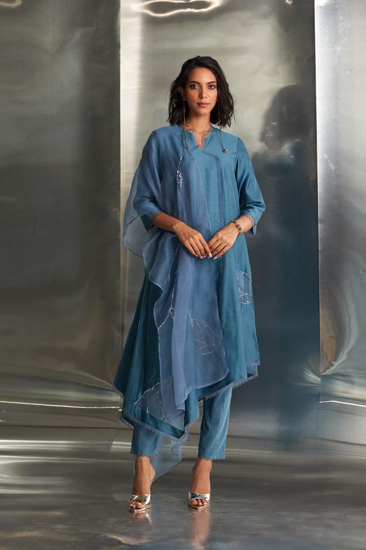 Image of Steel Blue Chanderi Asymmetrical Kurta Set