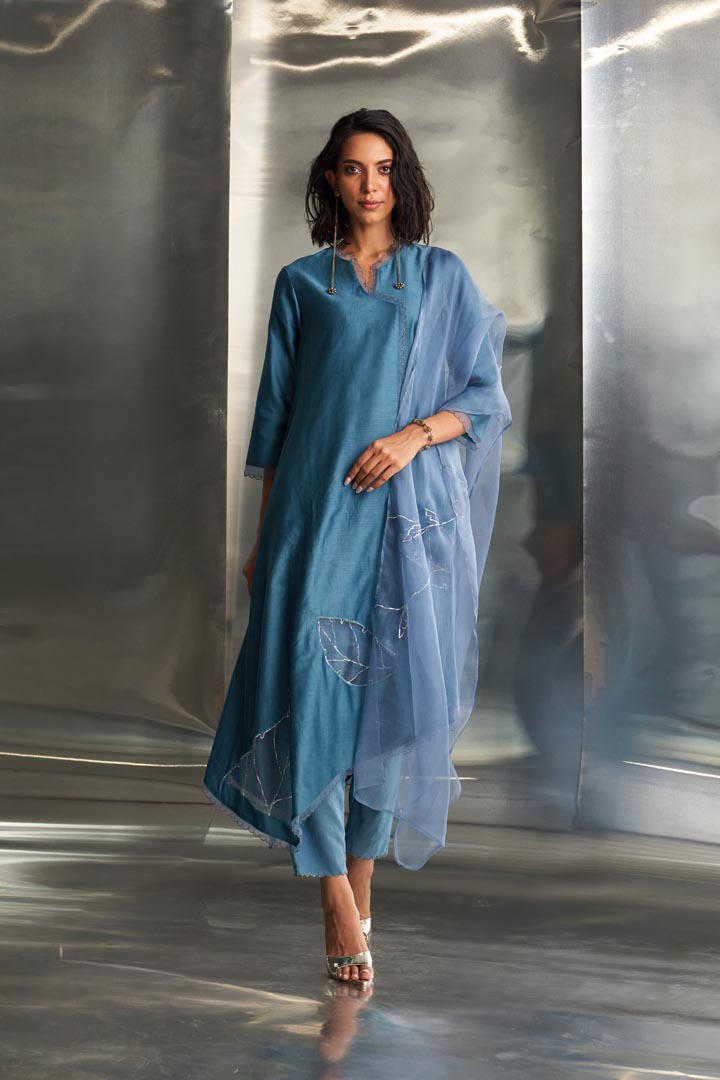 Image of Steel Blue Chanderi Asymmetrical Kurta Set