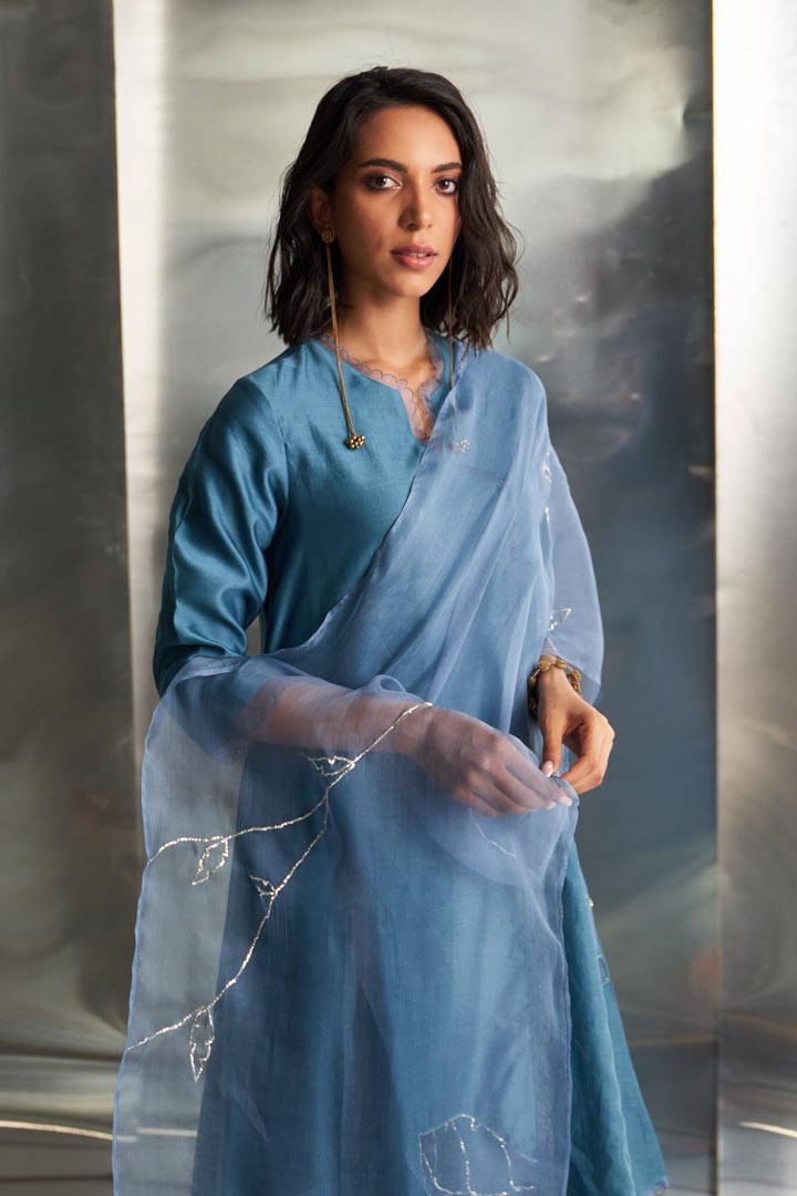 Image of Steel Blue Chanderi Asymmetrical Kurta Set