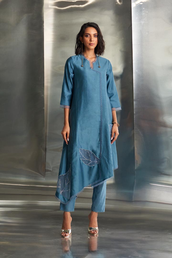 Image of Steel Blue Chanderi Asymmetrical Kurta Set