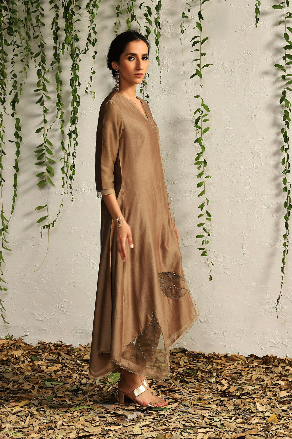 Ginger Chanderi Asymmetrical Kurta Set- Set Of 3