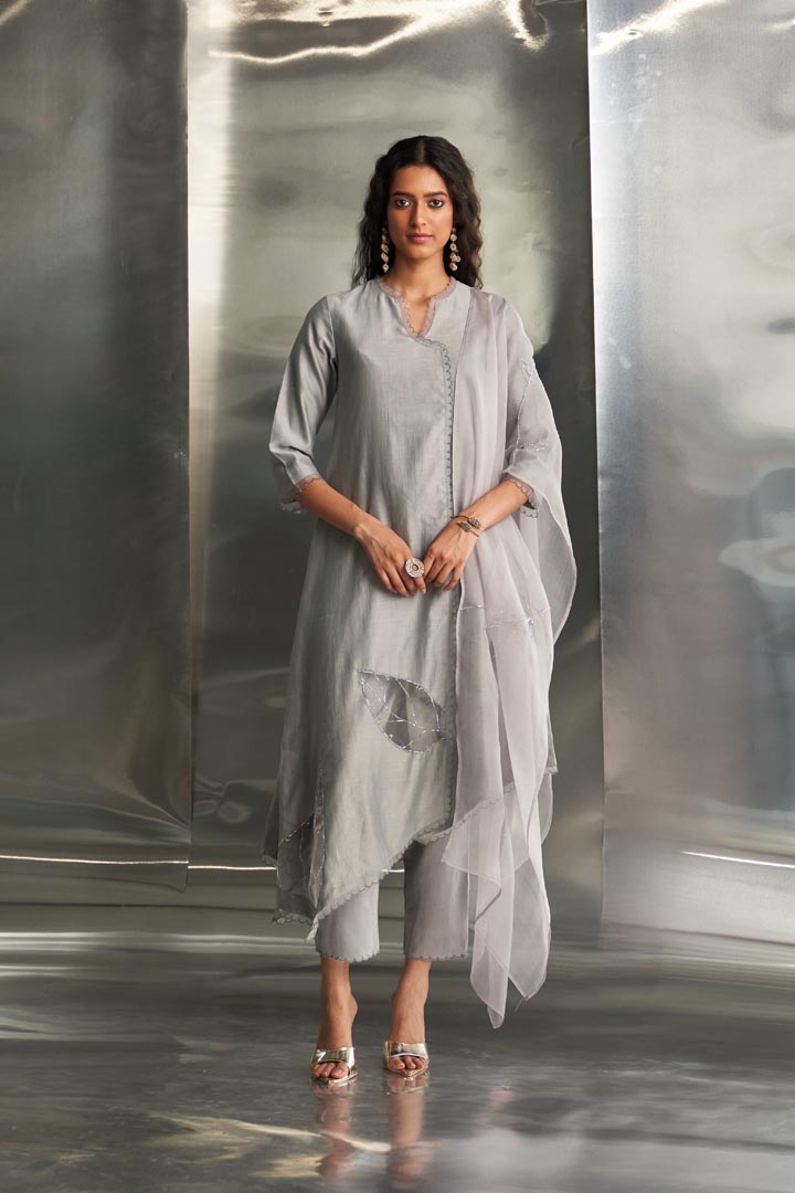 Image of Steel Grey Chanderi Asymmetrical Kurta Set