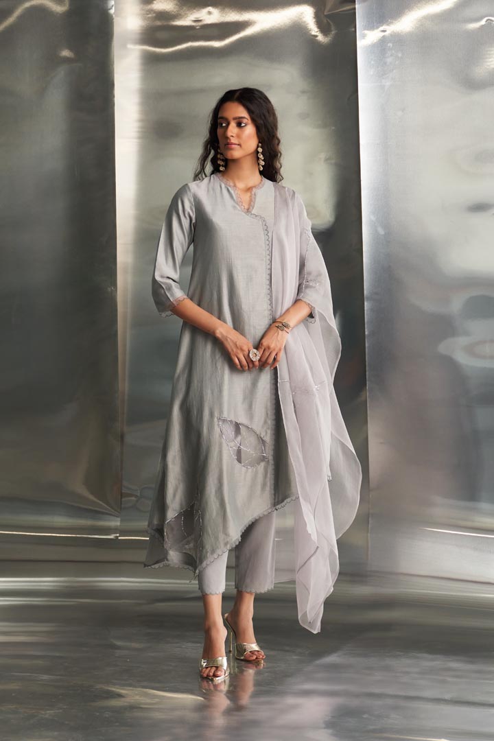 Image of Steel Grey Chanderi Asymmetrical Kurta Set