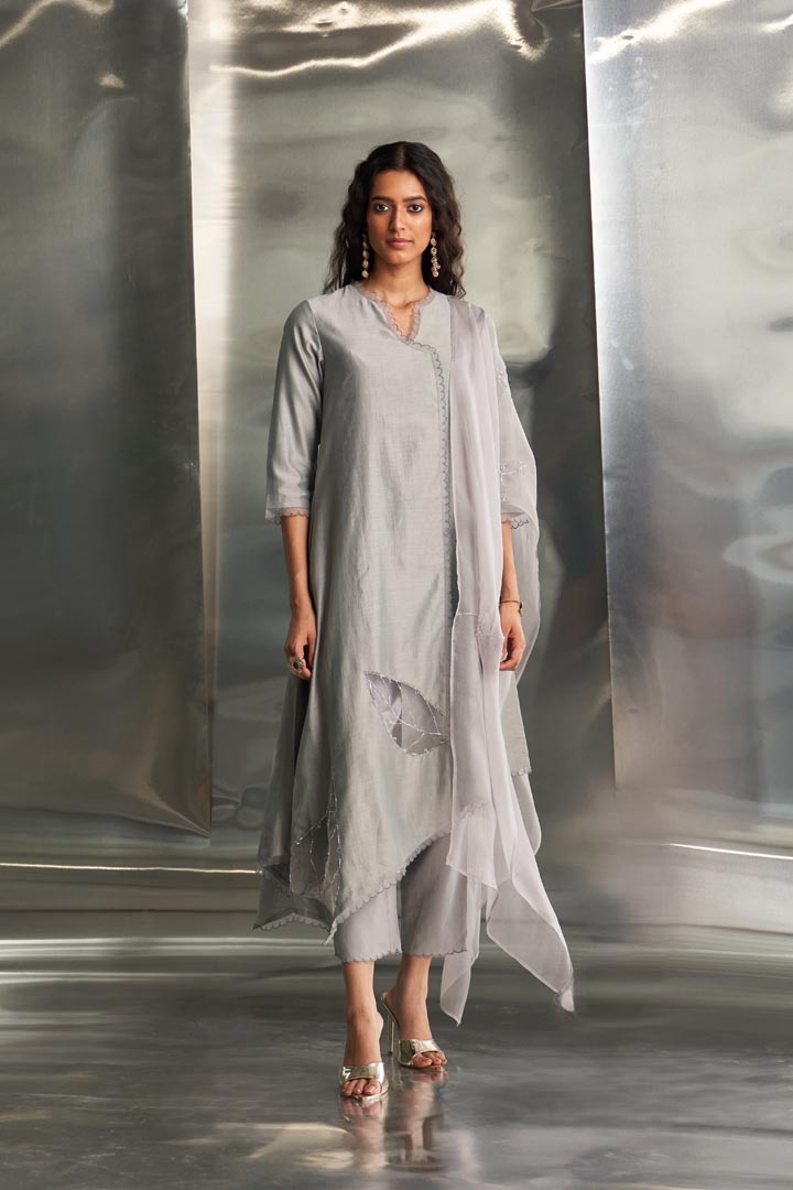 Image of Steel Grey Chanderi Asymmetrical Kurta Set