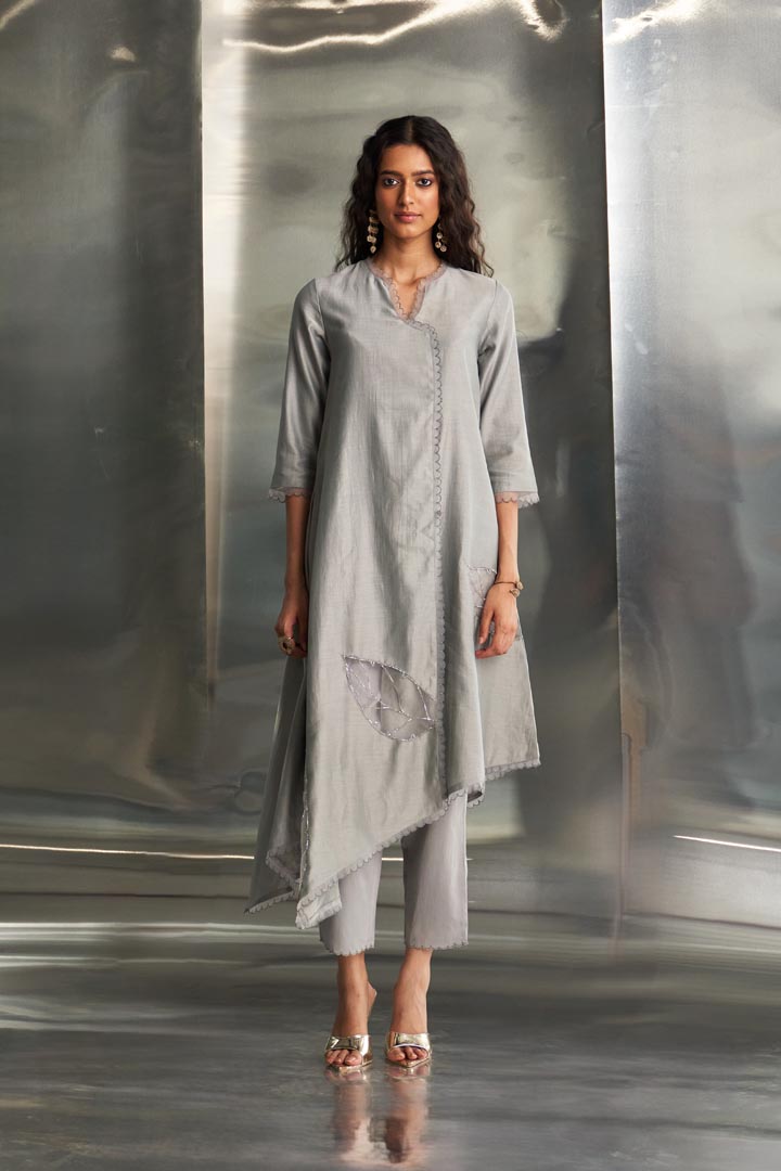 Image of Steel Grey Chanderi Asymmetrical Kurta Set