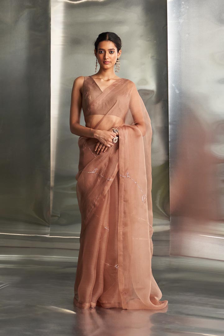 Image of Ginger saree with sleeveless blouse