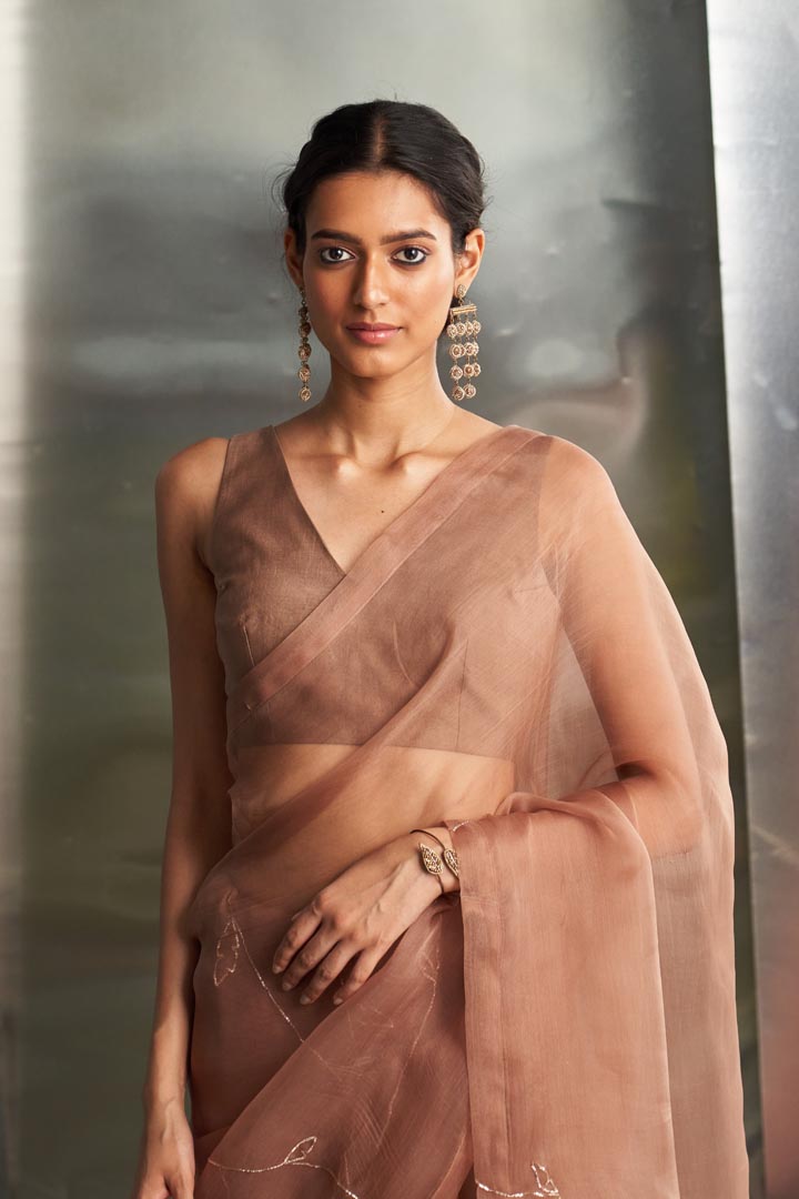 Image of Ginger saree with sleeveless blouse