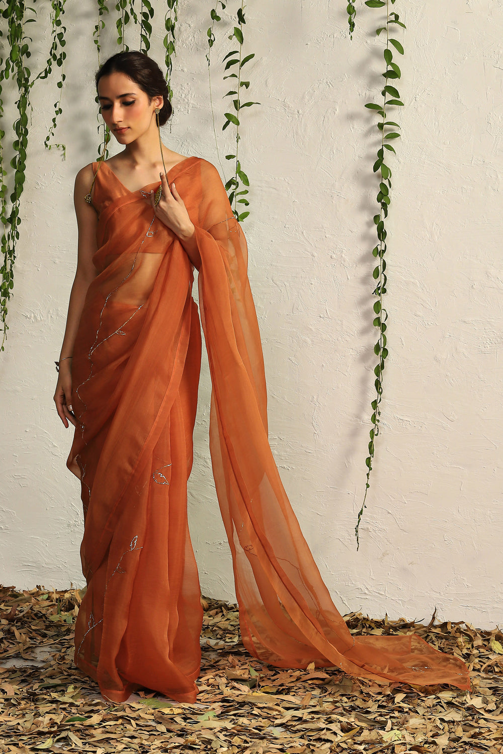 Spice Orange Organza Nakshi Saree With Blouse- Set Of 2