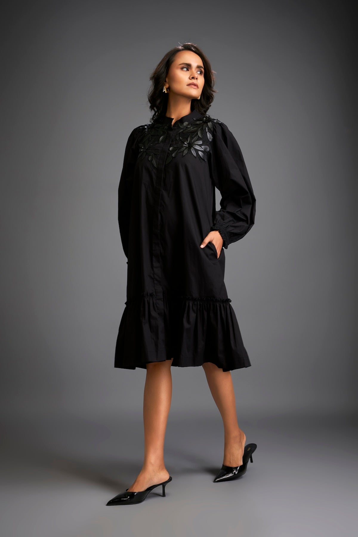 Floral Embroidered Dress With Long Structured Sleeves