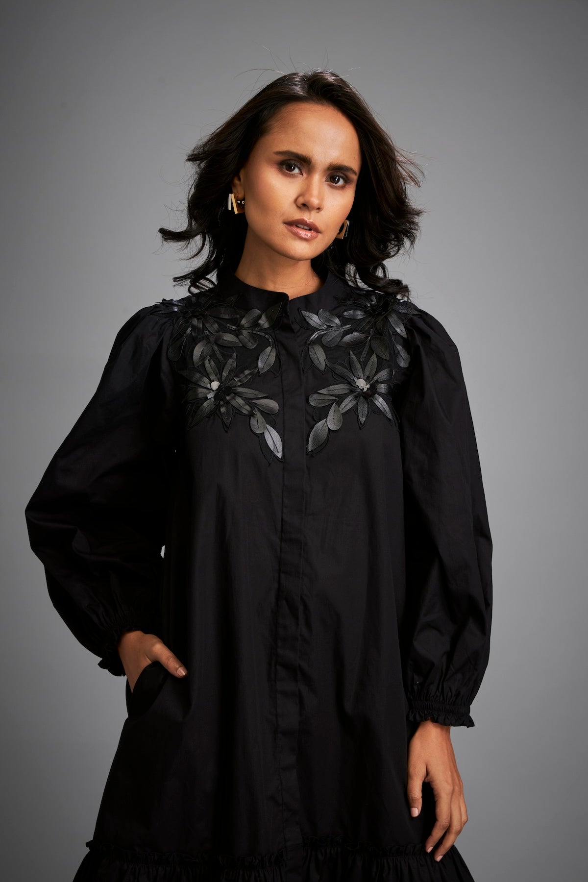Floral Embroidered Dress With Long Structured Sleeves
