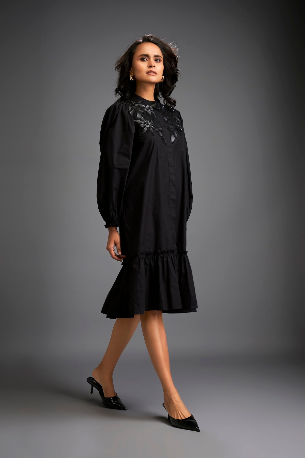 Floral Embroidered Dress With Long Structured Sleeves
