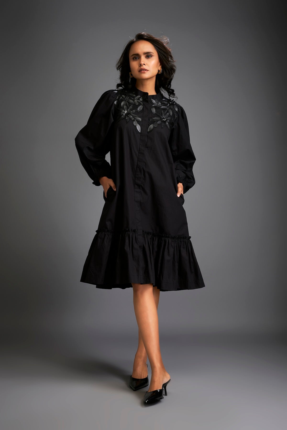 Floral Embroidered Dress With Long Structured Sleeves