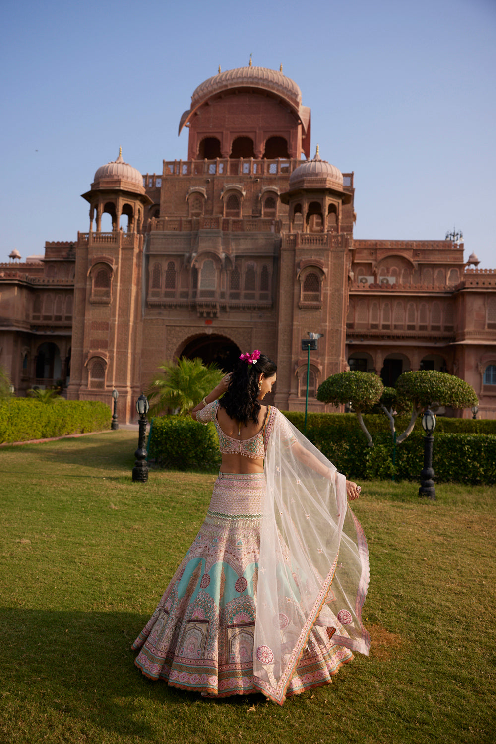 "Meenakari" Pastel Pink And Sea Green Hand Embroidered Lehenga Set