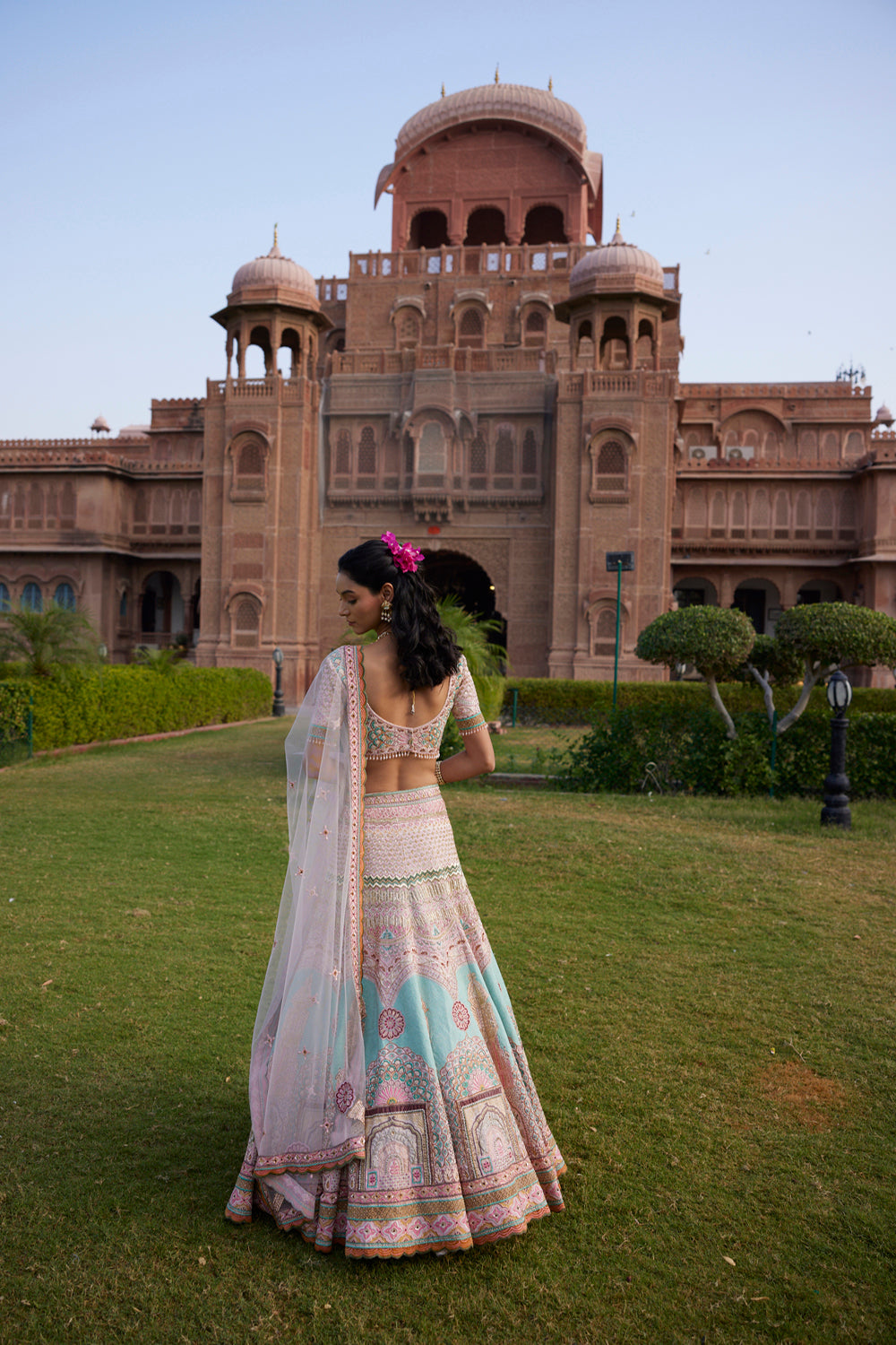 "Meenakari" Pastel Pink And Sea Green Hand Embroidered Lehenga Set