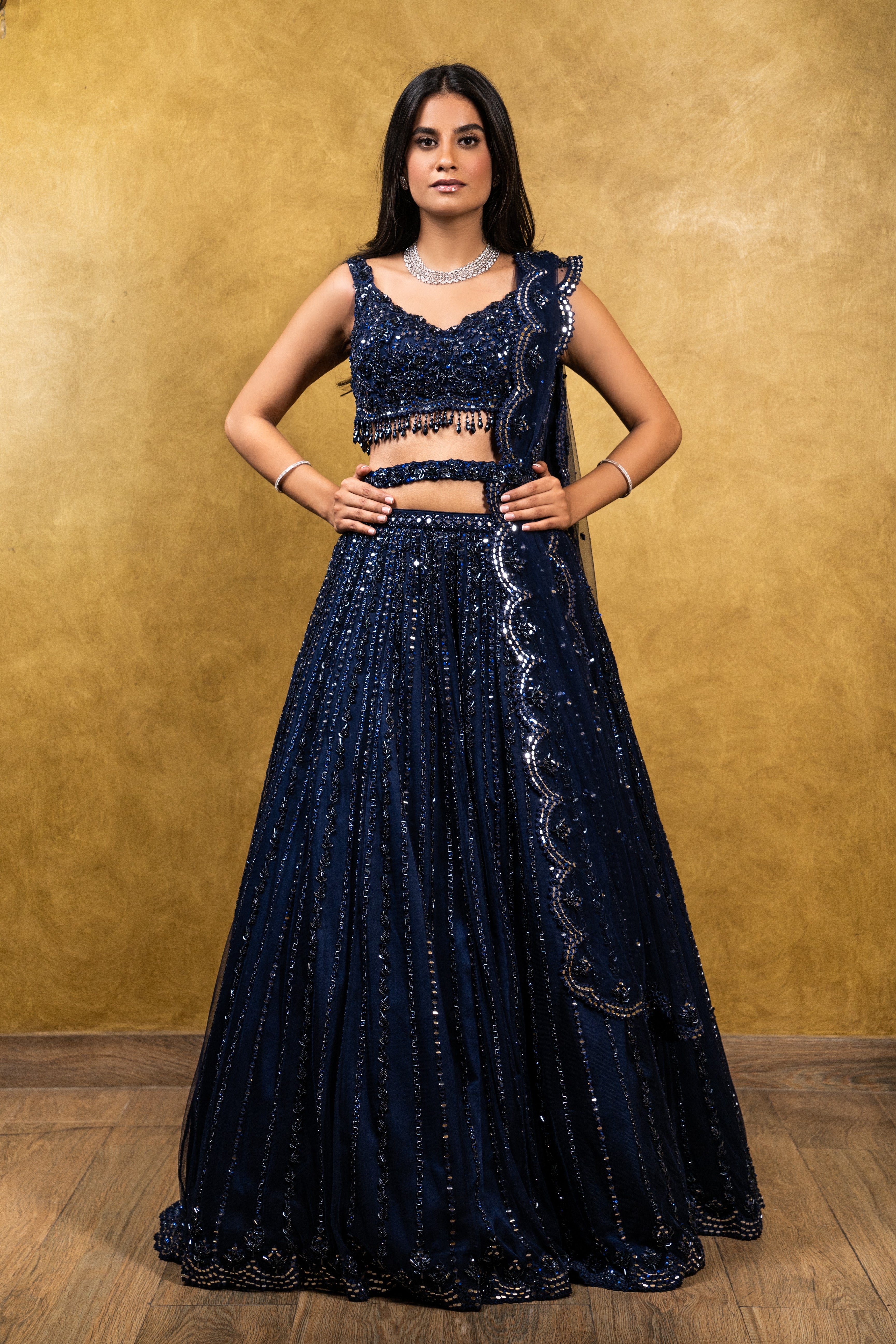Navy Blue Tulle Lehenga Choli
