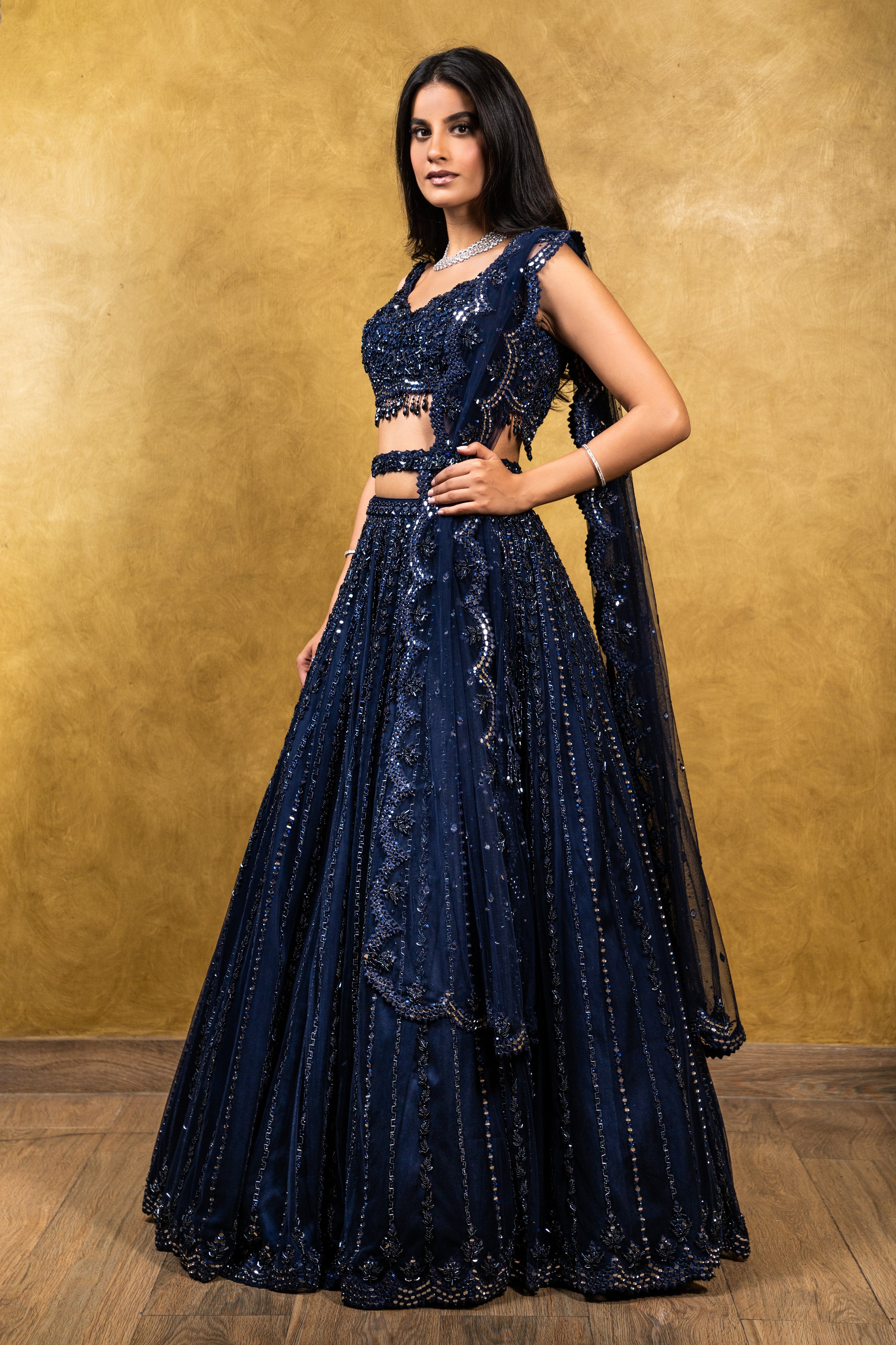 Navy Blue Tulle Lehenga Choli