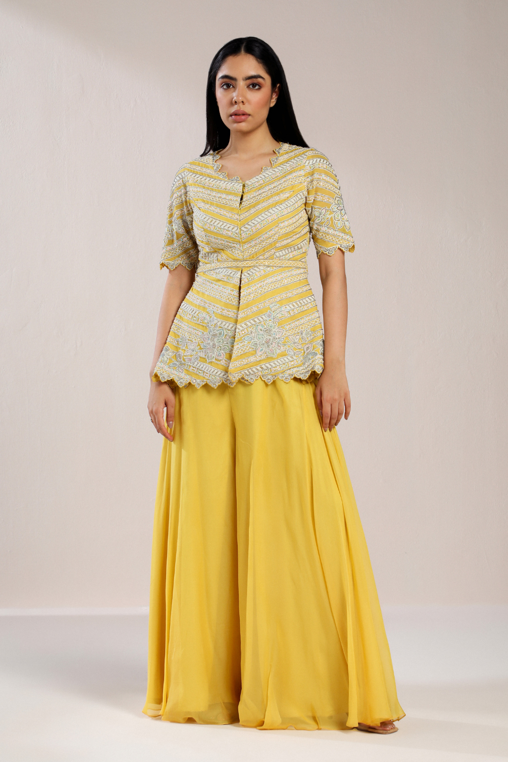 Yellow Peplum Kurta With Sharara