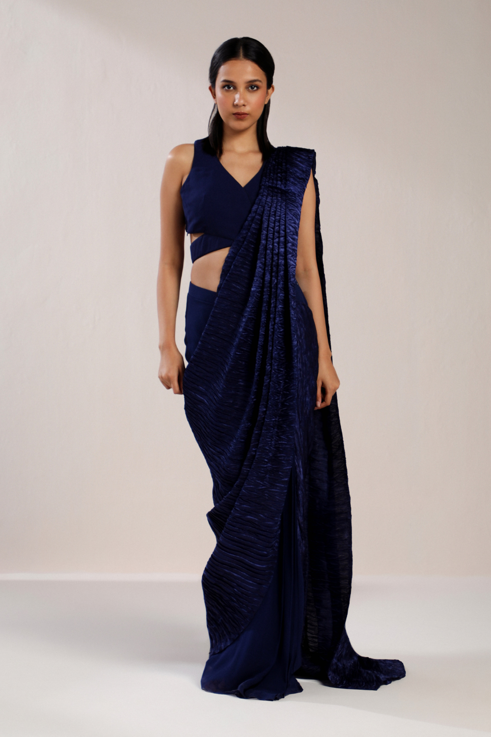 Royal Blue Ruched Saree With Blouse Set