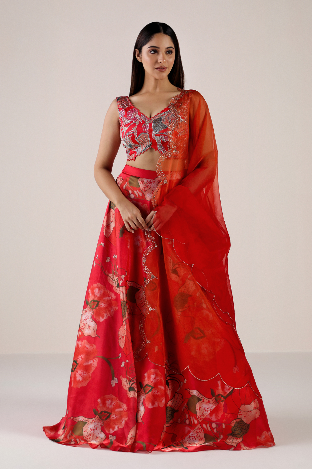 Red Maximal Floral Lehenga Set