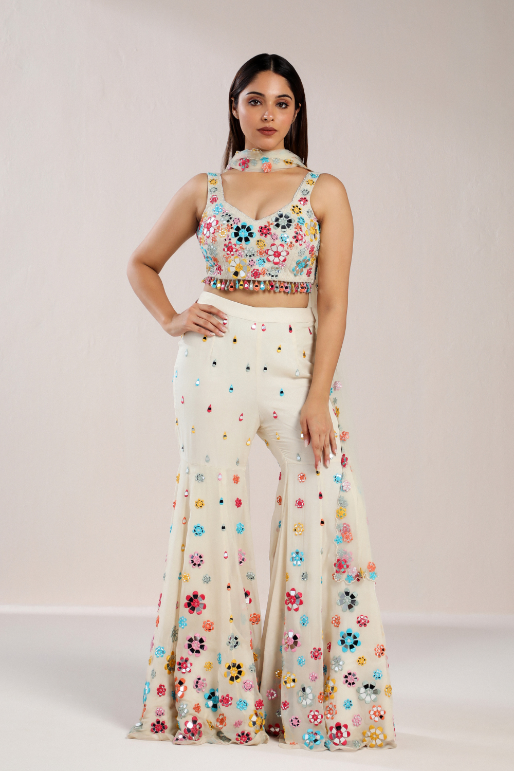 White Mirror Work Blouse And Sharara With Floral Work Dupatta