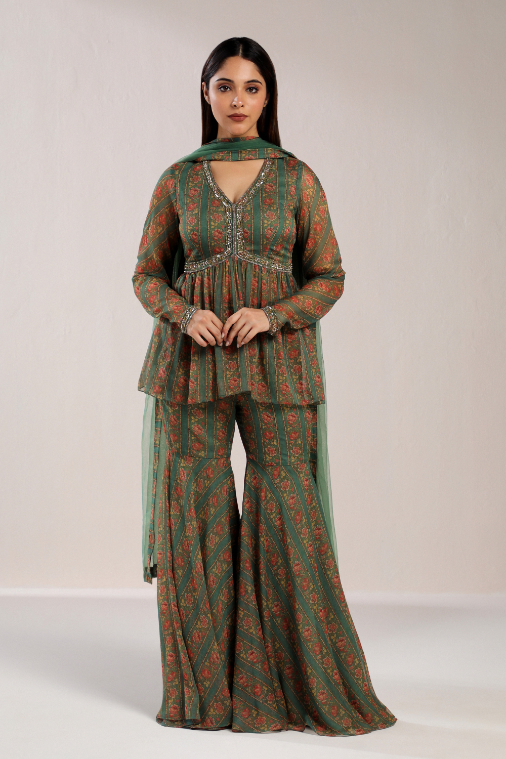 Olive Green Printed Kurta And Sharara With Dupatta