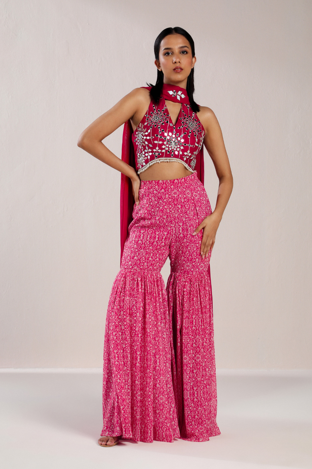 Pink Halterneck Crop Top With Sharara And Dupatta