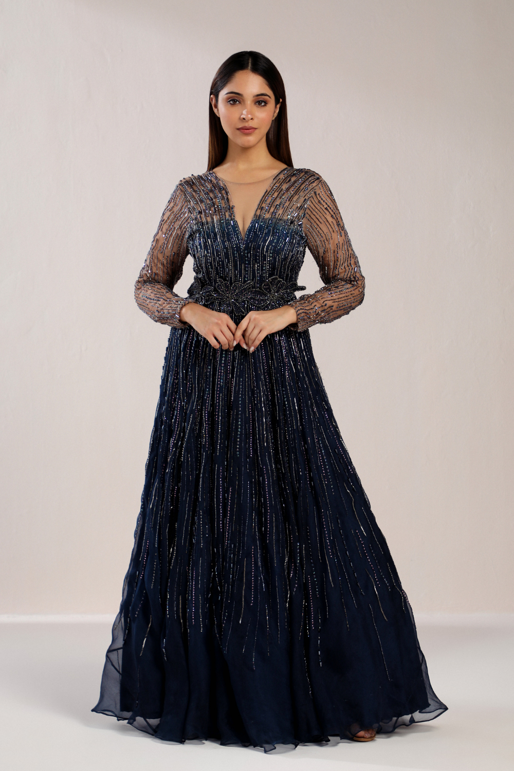 Navy Blue Embroidered Sequin Gown